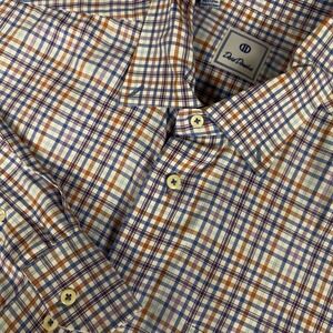 David Donahue Dress Shirt Mens Poplin Blue Orange Plaid Corpcore XL Cotton